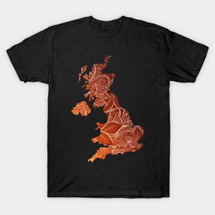 Colorful mandala art map of United Kingdom with text in brown and orange T-Shirt